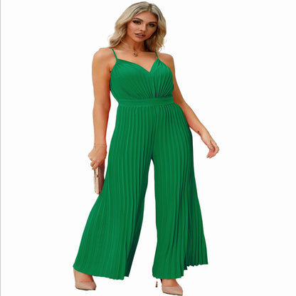 Straight Pants V-neck Suspender Pleated Jumpsuit green