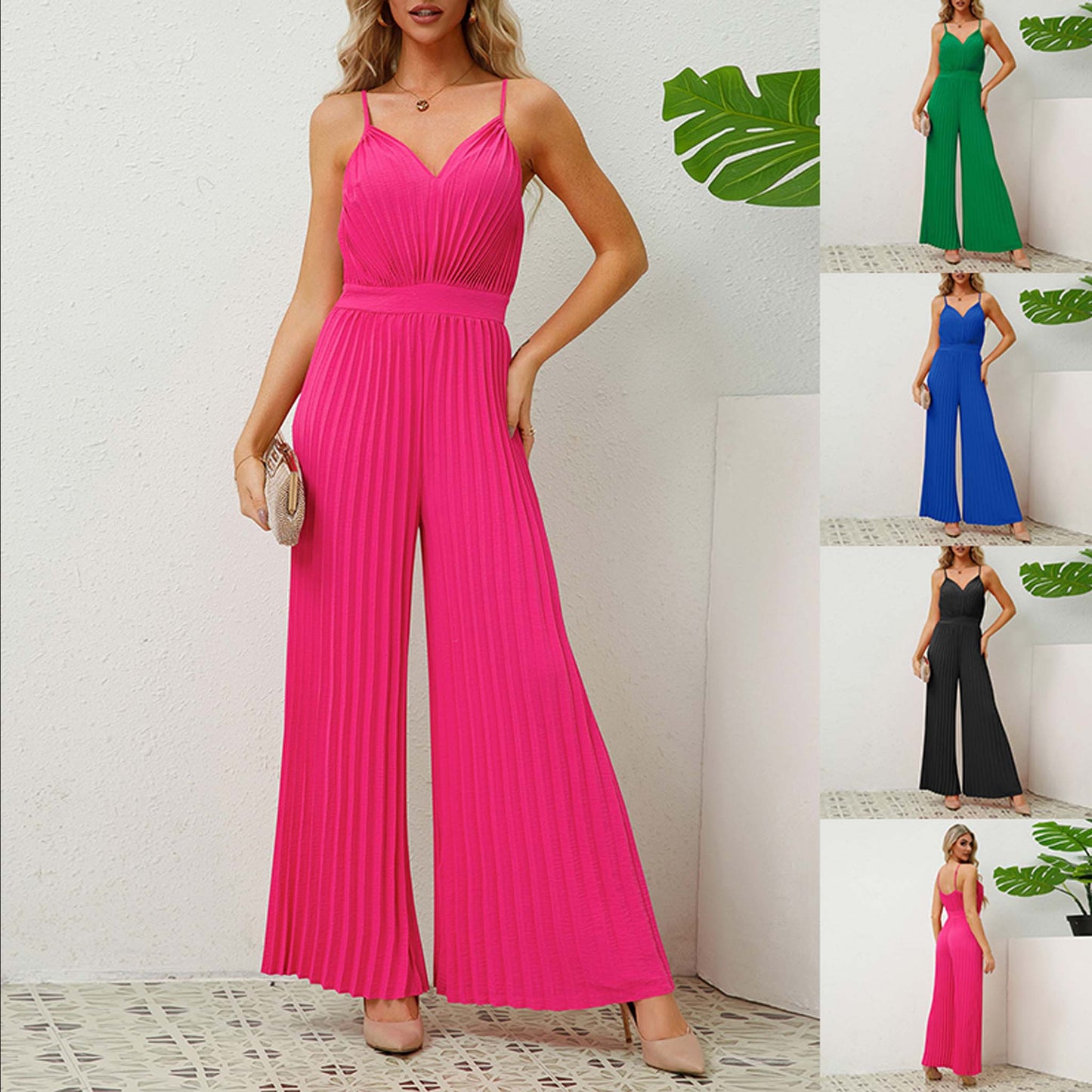 Straight Pants V-neck Suspender Pleated Jumpsuit pink