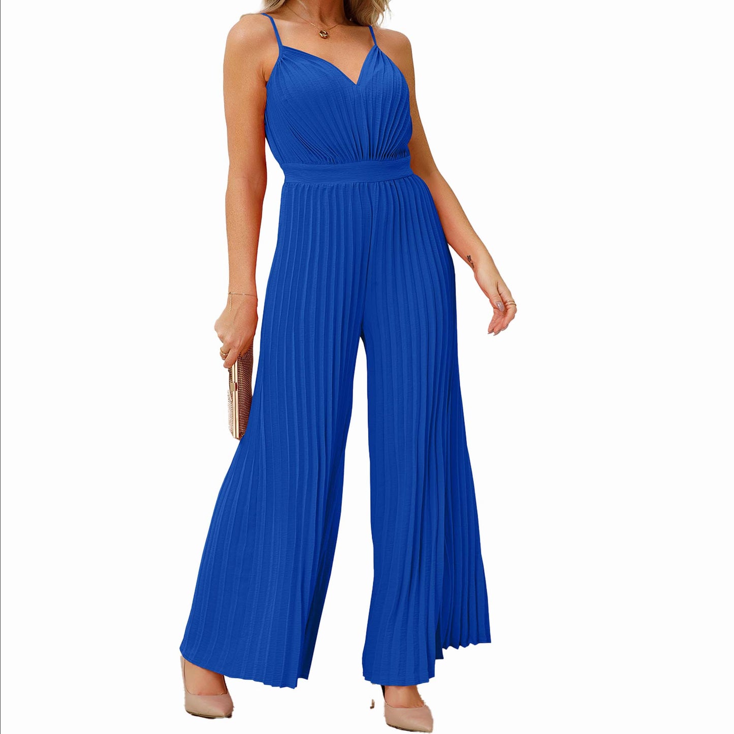 Straight Pants V-neck Suspender Pleated Jumpsuit Blue