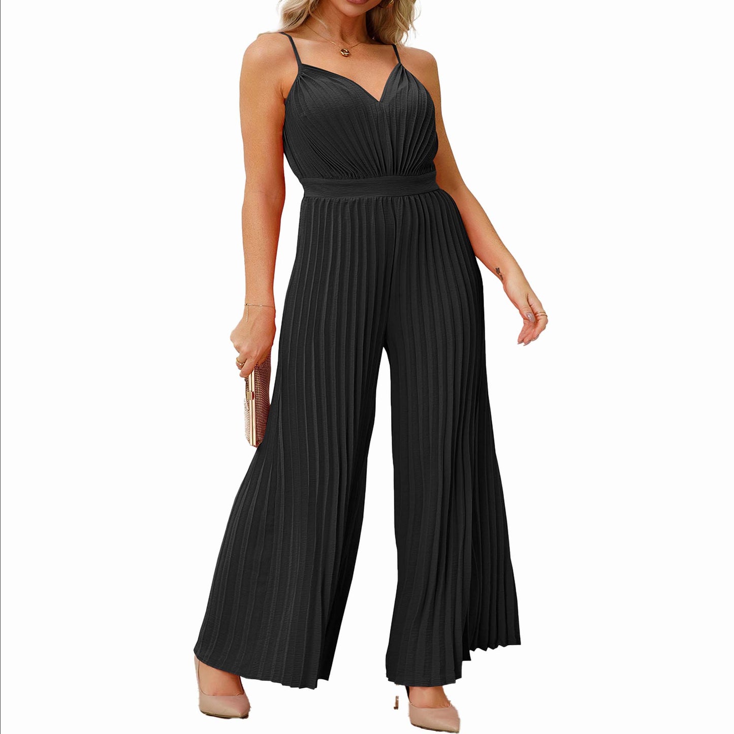 Straight Pants V-neck Suspender Pleated Jumpsuit  black