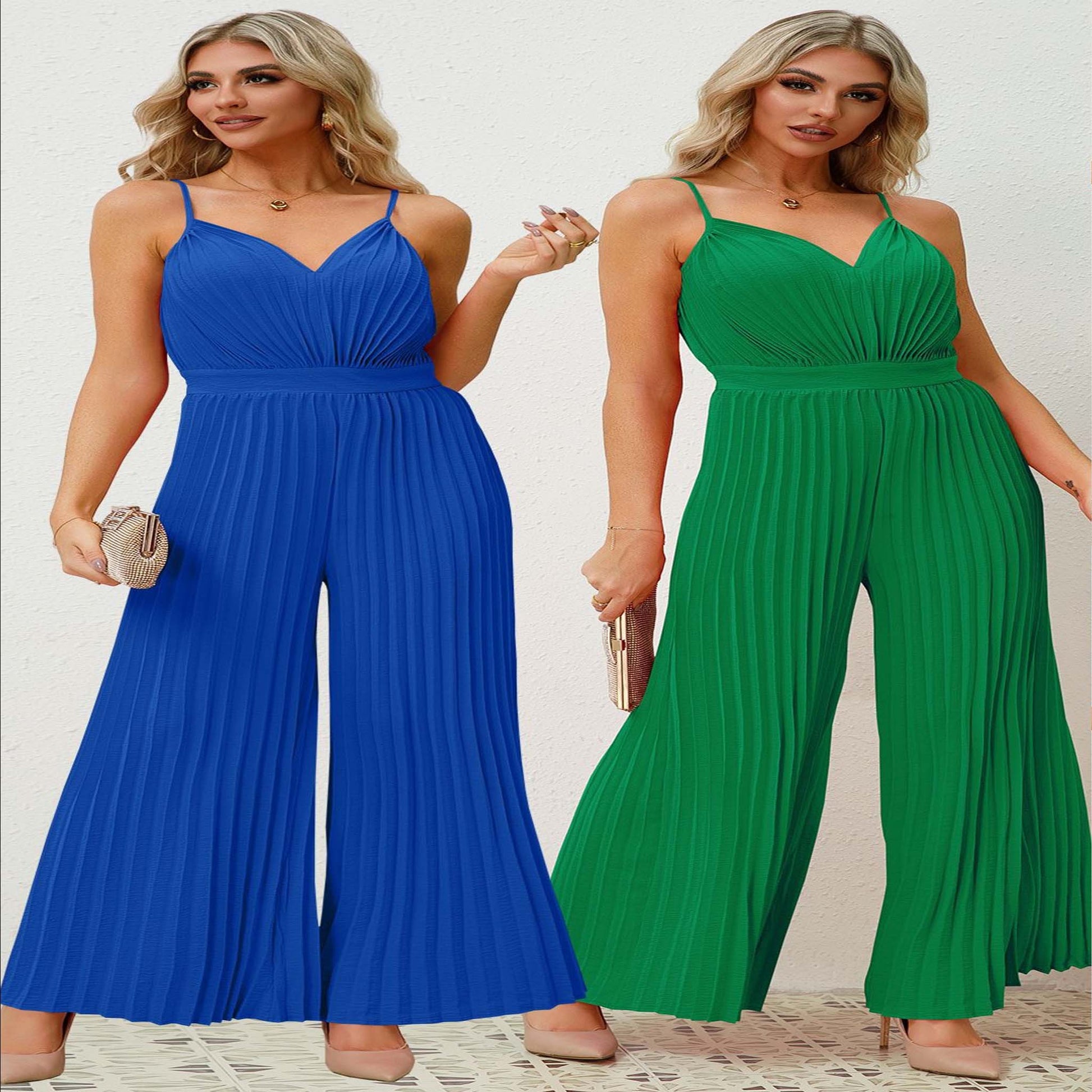 Straight Pants V-neck Suspender Pleated Jumpsuit blue and green